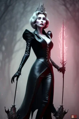 Constance Langdon as evil queen in black leather, leather, busty, cleavage, angry, stern look. character design by cory loftis, fenghua zhong, ryohei hase, ismail inceoglu and ruan jia. unreal engine 5, artistic lighting, highly detailed, photorealistic, fantasy