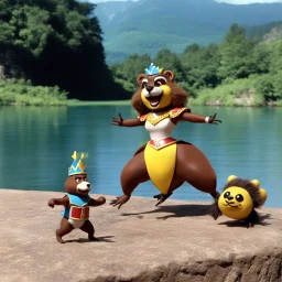 [1960’s stop-motion animation style of La Princesa Bidoof around the lake] a 70s advertisement video TV featuring Demonstrating her growing power as La Princesa Bidoof (the beavers' Queen) ferrying the very air around her, challenging any luchadora to defeat her in the ring; as a claymation character toy from a claymation horror movie in burning rainbow land, from hell, creepy Videos, strange creatures everywhere , as old advertisement shot on video VHS