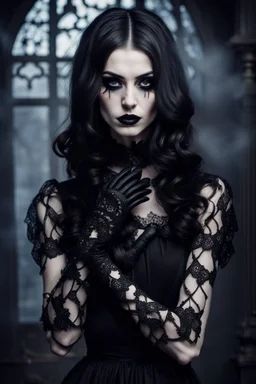 a mystic beauty goth woman with pale skin, black-silver hair, , goth style makeup. She wearing a stylish nice black dress and lace gloves, she gazes mysterious , mystic dark vibe, fog, shadows