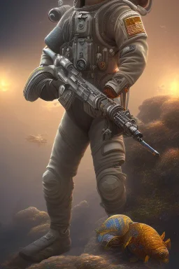 diver like a Journey,with the gun,hi quality detail,hi quality textures,cinematic,realistic,aggressive,cosmic