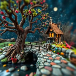 Photograph hasselblad h6d400c --ar 85:128 --v 6.0 of a fairy old bridge, tree, old bewitched house, made of felt, art, tiltshift, 3d deep field, Joan Miró, wide angle landscape scenr, galaxies, creepy, needlepoint, abstract silhoutte, expressionist style, colorful holiday