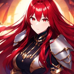 girl, masterpiece, best quality, cinematic lighting, detailed outfit, perfect eyes, long hair, red hair, red eyes, vibrant colors, armored clothes,