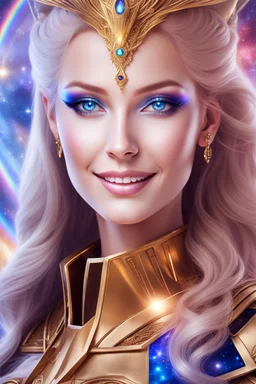 cosmic woman smile, admiral from the future, one fine whole face, crystalline skin, expressive blue eyes,rainbow, smiling lips, very nice smile, costume pleiadian, Beautiful tall woman pleiadian Galactic commander, ship, perfect datailed golden galactic suit, high rank, long blond hair, hand whit five perfect detailed finger, amazing big blue eyes, smilling mouth, high drfinition lips, cosmic happiness, bright colors, blue, pink, gold, jewels, realist, high,rainbow commander