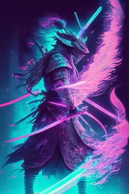 Mystical samurai emitting an aura of transparent dragons with a long, neon sword emitting an aura