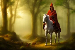 hooded monk on horseback in the forest