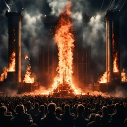 Long shot of stage of Wild Rammstein Concert performing Feuer Frei, facial flamethrowers, microphone stands on fire, elaborate fire pyrotechnics, photorealistic, dramatic, cinematic, kinetic, concept art photorealism, fire effects, columns of flame, bursting fire