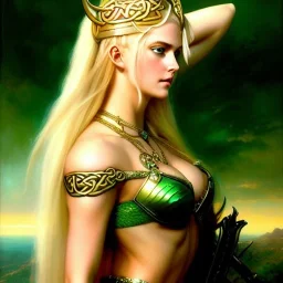 portrait 'beautiful Sexy Busty Blonde Sif',braided long hair,horned helmet, celtic tattoed,crystal clear green eyes,painting by gaston bussiere, greg rutkowski, yoji shinkawa, yoshitaka amano, tsutomu nihei, donato giancola, tim hildebrandt, oil on canvas, cinematic composition, extreme detail,fit full head inside picture,32k