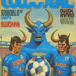 A 1980 medieval london comic cover of uruguayan sky-blue football magazine. At the street city, Monty Pyton. Estadio Centenario Montevido. Satan, devil, horns.