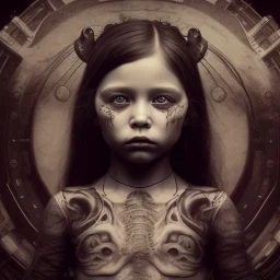 a little girl looking like a pirate with a tattoo in her face, hr giger, steam punk, scary, horror, realistic, made in octane, cinematic, ultra-realistic, extremely detailed octane rendering, 8K, VRAY Super Real ar 2:3, dof photorealistic futuristic 50mm lens hard lighting dark gray tintype photograph, realistic lighting, sephia colors