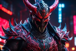 Carnage oni in 8k bloodborn artstyle, ronin costum, galaxy mask, cover face, dynamic pose, oshare kei, hurufiyya, rtx , neon lights, intricate details, highly detailed, high details, detailed portrait, masterpiece,ultra detailed, ultra quality