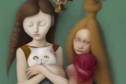 a cute foam girl hugging a foam ragdoll-cat , fine detailed, face drawing, dim background sharp focus elegant fantasy intricate very attractive beautiful ultra detailed colourful anatomically correct (A} Hieronymus Bosch, Henri Rousseau, Nicoletta Ceccoli, (A1) Anna Dittman, Remedios Varo, Sherry Akrami (A2) Serge Marshennikov, Zdzislav Beksinski