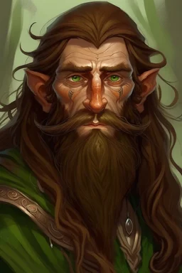 Gnom, braune lange wilde Haare, große, auffällig dicker Nase, grüne Augen, sehr jung (etwa zwanzig Jahre) , Druide, gebräunte Haut, Zeichen im Gesicht, kein Bart, Mann