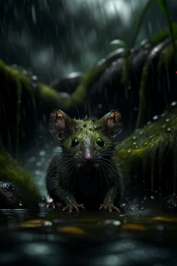 rat cat bat won the dark clouds, portrait in weird waterfall in moist swamp planet , photo-realistic, shot on Hasselblad h6d-400c, zeiss prime lens, bokeh like f/0.8, tilt-shift lens 8k, high detail, smooth render, down-light, unreal eng