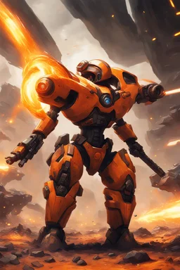 orange-brown futuristic juggernaut with dual plasma battle axe and 4 plasma canon in the back, fighting in brutal battlefield