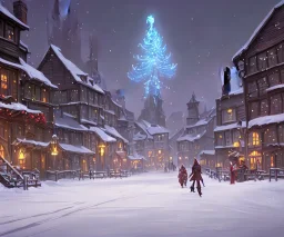 A magical snowy warlock town with river canals and a Christmas tree