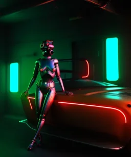 Ultra realistic photographic night portrait, cinematic, happy <pinup woman> in garage <droid friend>, hot, retro futuristic dress <Helmut newton photo style>, neon lights, color fog, soft color, highly detailed, unreal engine 5, ray tracing, RTX, lumen lighting, ultra detail, volumetric lighting, high definition.