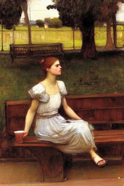 Woman sitting on a park bench John William Waterhouse