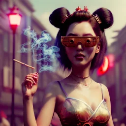 Ultra Realistic photo, medium shot view, geisha women, carnival scene, futuristic steampunk. hair monster, Drunken, Sunglasses, smoking, happy, hot. Cabaret background, highly detailed, concept art, unreal engine 5, ray tracing, RTX, lumen lighting, ultra detail, volumetric lighting, 3d, finely drawn, high definition, high resolution.