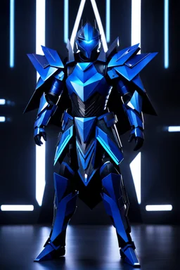 neon blue, flying parts of armor in form of triangles, cyber armor, geometric patterns on armor, male, orbiting triangle