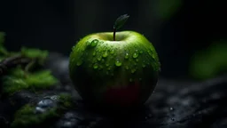 A vibrant apple sitting on a wet rock covered with moss. The image showcases naturalism with an organic 8k artistic photography style. The background emphasizes the apple body creating a bright and powerful composition,grey dark backround,dramatic scene
