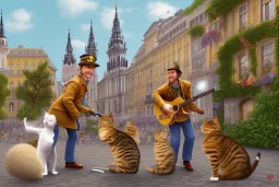 Group of three mature cats musicians, one cat playing guitar, one cat playing drums, one cat holding microphone and singing, street, Vienna, smiling, sunny day, model style, hyper realistic, extremely accurate, delicate, extremely detailed, Graphic novel style, wide-angle, open aperture, superfine pencil