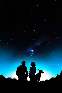 black background on a mountaintop and three silhouettes male and a female and a dog sitting next to them looking at the stars