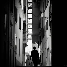 Calle de un pueblo de una isla italiana en verano, con escalinata, fotografía real, fotografía realizada con cámara Leica y objetivo de 50 mm, siguiendo estilo de la serie 'Ripley' emitida en Netflix, fotografía en blanco y negro, virada tonos años 50