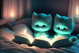 bioluminescent cute soft anime chibi kittens in a bedroom, reading a book by candlelight on the bed, highly detailed 3D