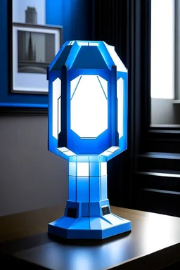 gaming table lamp inspired by stark tower buliding architecture futuristic-modern stlye. geometric form, blue and white color scheme