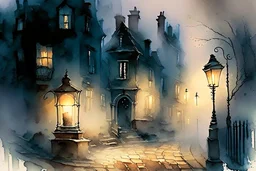 Prompt: a lantern glowing softly on a cobblestone street, mist swirling, with old Victorian houses lining the path, watercolor, mysterious, nocturnal