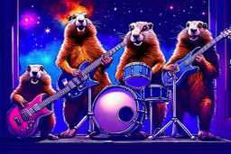 punk Groundhog rock band, playing the guitar, the drums and a saxophone. Window background, Orion Nebula. fun, artistic, hdr, crisp quality, award winning, 4k, warm colors, photo-realistic, digital painting