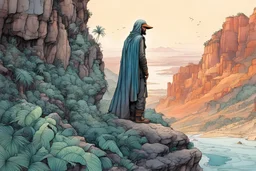 create an ink wash and watercolor portrait of a nomadic adventuress with highly detailed, delicate feminine facial features, inhabiting an ethereal tropical canyon land in the comic book style of Jean Giraud Moebius, David Hoskins, and Enki Bilal, precisely drawn, boldly inked, with vibrant colors