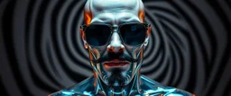 portrait of upper body of cool transparent guy made with nano tape and with shades and mustache and bald head, saw blade beholder eye tyrant flating beholder kin with eyes on each saw blade tooth saying something profound, hypnotic zebra twirl background, with chrome reflections
