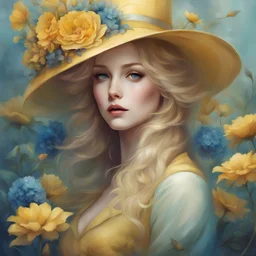 "Flowers, full body portrait of pretty woman, blue eyes, blond hair, yellow pretty clothes, hat A Breathtaking Masterpiece Fantasycore Artwork By Anna Dittmann, Daniel Merriam, Jean Baptiste Monge, Alberto Seveso, Erin Hanson, Jeremy Mann""