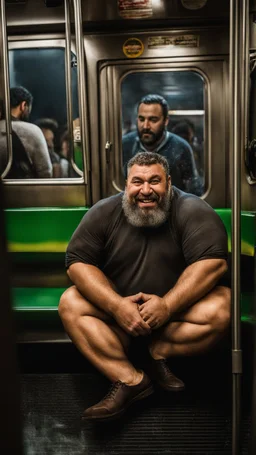 photography of an ugly turkish chubby burly muscular strong man 44 years old with beard, curly hair , sweat, completely wet, big shoulders. manly chest, hairy , smiling mouth, photorealistic ,big shoulders, shirtless, boxer, barefeet, side light, sitting in a crowded subway wagon , neon lights , barefeet, side light, sitting with open legs inside a crowded subway wagon , neon lights, barefeet, side light, frontal view