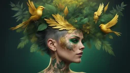 dark background, punk 45 years old, forest on the head, plant hair, green plants, bright colors, golden birds, golden makeup, tattoo, shiny aura, very detailed, fine rendering, high detail, high resolution, 8K