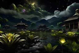 meditation . Lily pad garden Japan , The ruins of a village in the midst of thunderbolts in the jungle , mountains. space color is dark , where you can see the fire and smell the smoke, galaxy, space, ethereal space, cosmos, water, panorama. Palace , Background: An otherworldly planet, bathed in the cold glow of distant stars. Northern Lights dancing above the clouds in Finland.