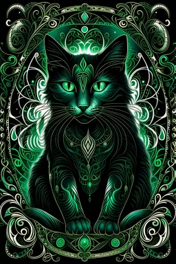 "Mystical Feline Enchantment": Behold the captivating allure of our "Mystical Feline Enchantment" design, where the enigmatic black cat embodies the essence of mystery and magic. With piercing emerald eyes that seem to hold ancient secrets, this ethereal creature is surrounded by swirling constellations, conveying a sense of cosmic connection. Perfect for those who embrace the enigmatic nature of felines and the wonders of the universe.
