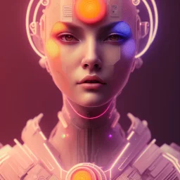 A beautiful portrait of a cute cyberpunk woman, grain on the skin, orange color scheme, high key lighting, volumetric light high details with white stripes and feathers full length clean art NFT, soft lighting, soft pastel gradients, high definition, blender 3d cinematic, op art, visionary art, sacred geometry, fractal, white balanced