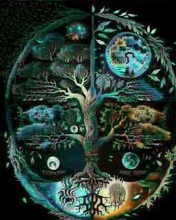 The tree of life consists of four seasons: spring, summer, autumn, winter, light, time, darkness, star, moon, sun, yang-ying, water, wind, soil, fire, love, blue magic mushroom, and lion symbol.