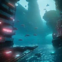 sunken underwater futuristic city , fish swimming around, highly detailed, cinematic, ultra photorealistic, ultra realistic, volumetric lighting