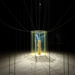 Fotografia di una scena surreale e concettuale, un'installazione in un museo. Buio pesto, cavi. Al centro si vede un elemento trasparente, di alluminio bianco e giallo, circoscritto da qualcosa. La superficie sottostante è sabbiosa, con piccole dune o accumuli di sabbia. Sullo sfondo si intravedono altre forme o strutture, alcune delle quali scure e senza aspetto, hasselblad h6d400c, poca luce, forte senso di ambiguità