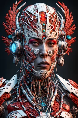 3D rendering of Expressively detailed and intricate of a hyperrealistic “cyborg”: front view,colorful paint, tribalism, shamanism, cosmic fractals, dystopian, octane render, volumetric lighting, 8k post-production, red and white, detailled metalic bones, dendritic, artstation: award-winning: professional portrait: atmospheric: commanding: fantastical: clarity: 16k: ultra quality: striking: brilliance: stunning colors: amazing