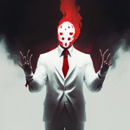 a man with fire in the palm of his hand wearing a white suit with a red tie who has no face