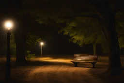 Night, square bench, dirt roads, trees, photography