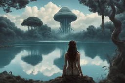 A skinny woman with a Cleopatra hairstyle, short skirt, and knee-high boots, looking out over a lake, in an alien forest, with tall cloud trees, flying Portuguese men of war with octopus tentacles