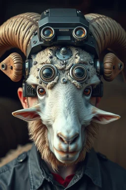 with heading (autofarm) in poster form,a portrait of a fat head mechanic sheepman, man is eating a hybrid mixed body part sheep, giant eyes sheep alien style H.R giger look. as one head