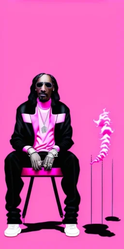 Snoop dogg. a chair. pink houses, pink sky, pink smoke, trees, outdoors.