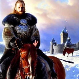 portrait of 'The Northman-Viking King on horse',ancient metal armor,castle,army, snow, cold, painting by gaston bussiere, greg rutkowski, yoji shinkawa, yoshitaka amano, tsutomu nihei, donato giancola, tim hildebrandt, evan lee,oil on canvas, cinematic composition, extreme detail,fit full head inside picture,16k