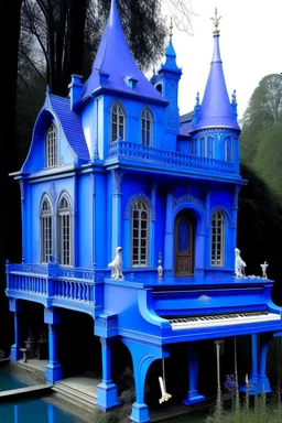 A blue violet mansion with floating instruments painted by The Limbourg brothers